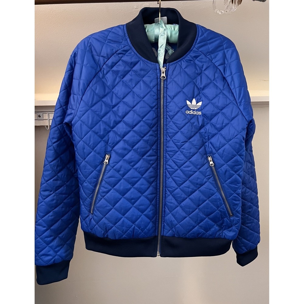 Adidas Blue Bomber Track Jacket Coat Trainer EUC Womens Size Small Sporty